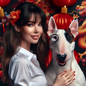 Caucasian Woman with Brunette Hair and White Bull Terrier in Year of the Dragon Scene