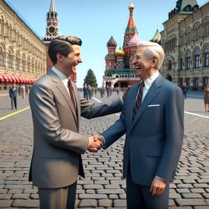 Prominent Russian and American politicians shaking hands in Moscow square