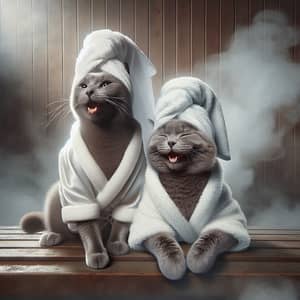 Realistic Grey Cats in a Whimsical Sauna Scene