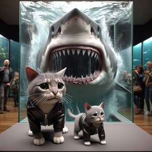 Realistic Grey Tomcat and Kitten in Aquarium with Shark