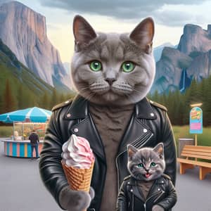 Adorable Gray Cat in Leather Jacket Buying Ice Cream at Amusement Park