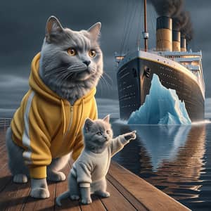 Grey Cat and Kitten in Yellow Tracksuit and Sweater Spotted Iceberg on Titanic-like Ship