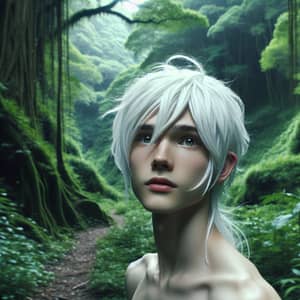 Young Man with Snowy White Hair Surveys Verdant Forest