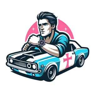 Vector Logo | Man Driving Stylish Car in Blue and Pink