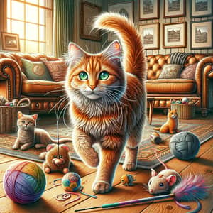 Playful Domestic Cat Illustration in Vibrant Living Room | Green-Eyed Feline