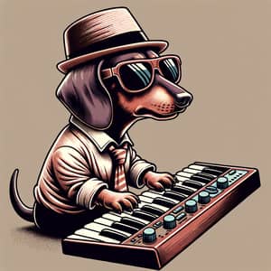 Dachshund Musician Illustration - Vintage Vibe Keyboard Performance