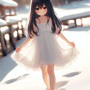 Black-Haired Girl Walking on Snow in White Dress | Sunlit Scene