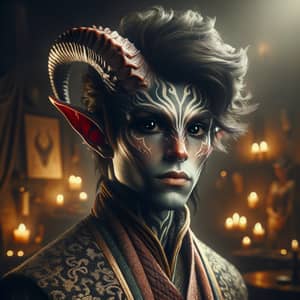 Fantasy Tiefling Man | Stylized Cultural Attire & Black Eyes