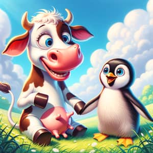 Whimsical Cow and Penguin Friendship Illustration