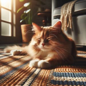 Ginger Domestic Cat Lounging Lazily on Vintage Woven Rug