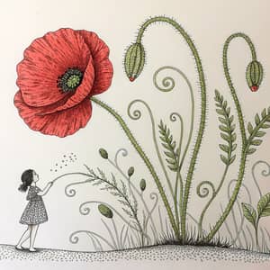 Vivid Red Poppy Illustration in Pencil Art