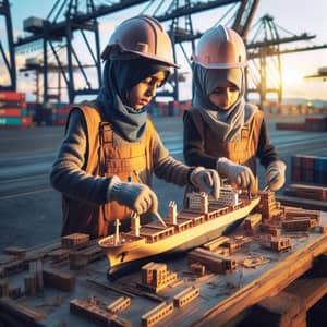 Middle-Eastern Twin Siblings Building Model Cargo Ship at Port of Dar as Salaam