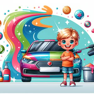 Joyful Child with Vibrant Car at Car Care Center