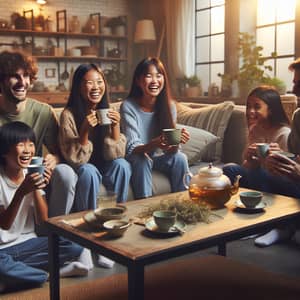 Joyful Tea Party with Kids and Adults on Sofa