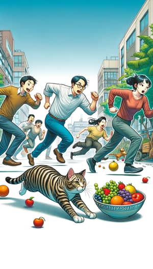 Chasing the Frisky Tabby Cat with Fruits