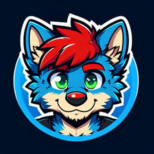 Cartoon Furry Blue Wolf with Red Hair and Green Eyes