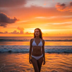 Brunette Woman in White Bikini at Sunset Beach
