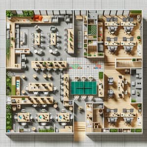 Open Floor Plan Office Design with Meeting Rooms, Quiet Zones, and Recreational Lounge