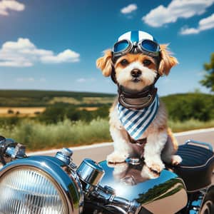 Funny Dog in Striped Helmet on Motorcycle | Outdoor Scene