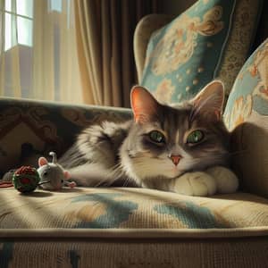 Grey and White Cat Relaxing on Armchair in Sunlight