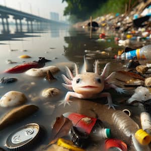 Axolotl in River Surrounded by Trash