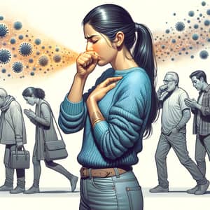 Illustration of Hispanic Woman Coughing in Public