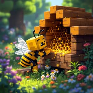 Bee Building a Hive in Minecraft: Pixel Art Adventure