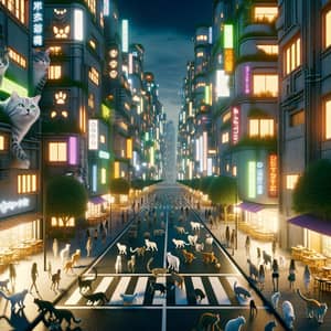 Cat City: Neon Nighttime Scene with Cat Shaped Buildings