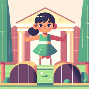 Geometric Figures Flat Illustration: Cute Girl Jumping Over Vault