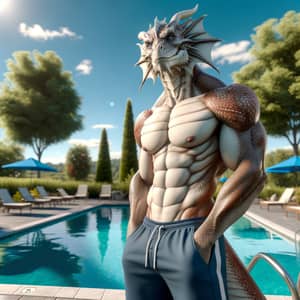 Male Dragon Demi-Human in Swimming Trunks by Pool Outdoors