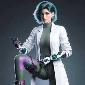 Female Scientist with Teal Hair in Lab Coat | High-Tech Gadgets