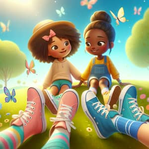 Cheerful Girls Dangling Feet on Sunny Meadow