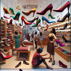 Whimsical High Heel Shoes Flying Over Vibrant Shoe Store