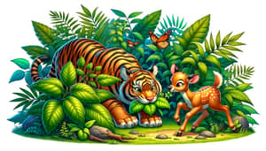 Juvenile Tiger Hunting Scene: Hidden Predator & Playful Prey