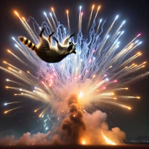 Acrobatic Raccoon Amid Bright Explosions