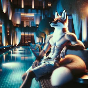 Male Fox Demi-Human Lounging by Luxurious Pool in High Fashion Style