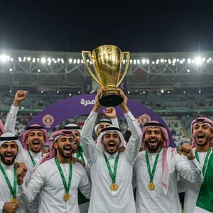 Arab Team Celebrating Victory with Traditional Cup