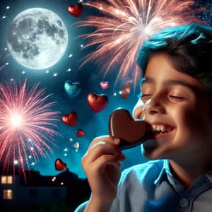 Hispanic Boy Enjoying Heart-Shaped Chocolates | Moonlit Delight