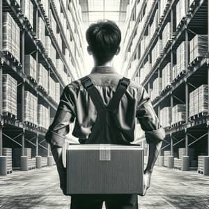 Black and White Warehouse Landscape with Dedicated Asian Male Worker Holding Box