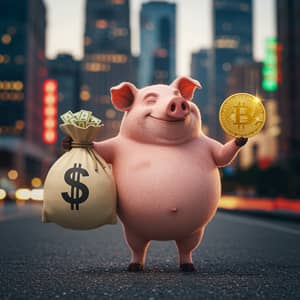 Pig Holding Money Bag and Crypto Coin