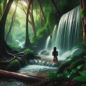 Tranquil Waterfall Shower Amidst Lush Forest | South Asian Woman