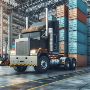 Industrial Truck in Logistics Terminal with Stacked Shipping Containers