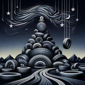 Abstract Car Tire Art | Unique Black & Grey Mountain Design
