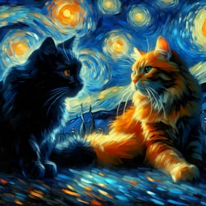 Contrasting Black and Orange Cats in Tranquil Nighttime Scene