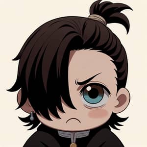 Dark-Haired Boy with Short Ponytail and Heterochromia