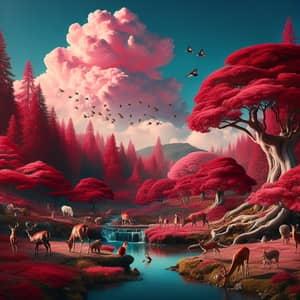 Utopian Wildlife Scene: Animals in Nature under Blue Sky and Red Trees