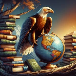 Majestic Eagle Overlooking Globe & Antique Books