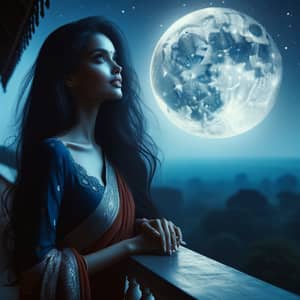 South Asian Woman in Traditional Sari Gazes at Rising Moon