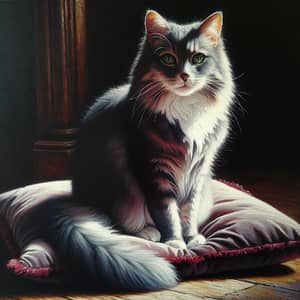 Gray Domestic Cat on Plush Red Cushion | Oil Painting Art