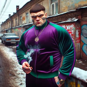 Vivid 90s Street Scene in Russia: Menacing Bully in Purple Tracksuit